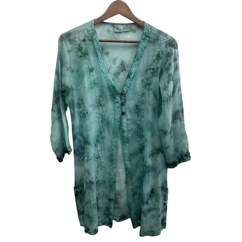 Indian‎ Tropical Fashion Duster Cardigan Womens S/M Green Excellent Tie Dye Boho